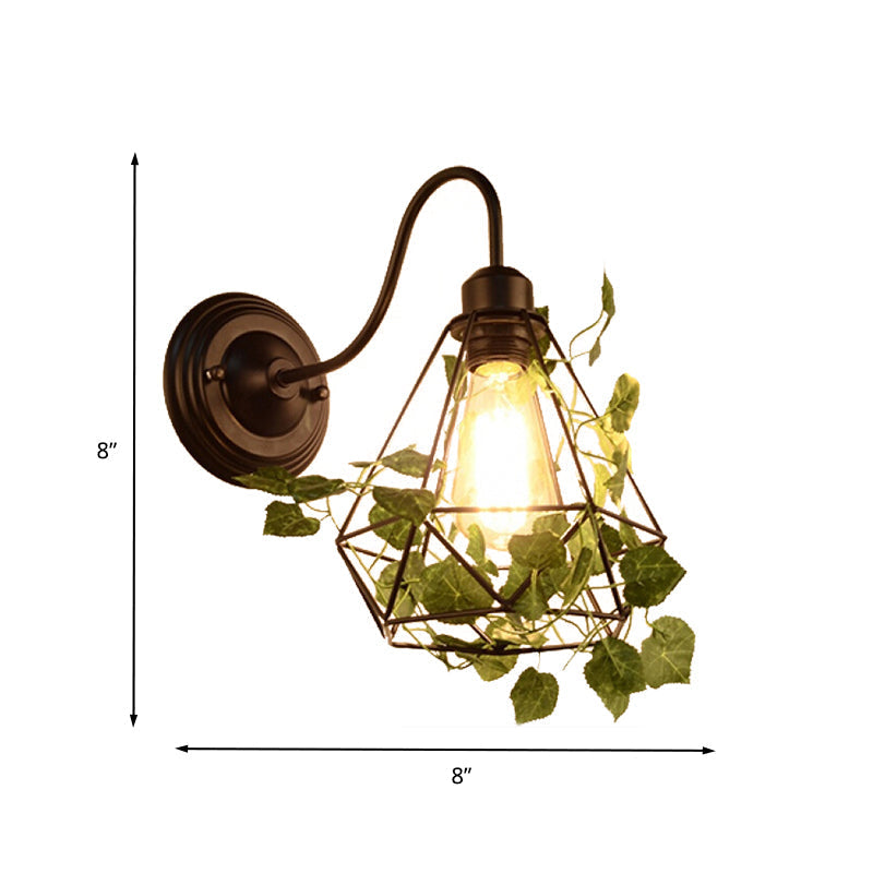 Avtoit | 1 Light Wall Lighting Fixture Industrial Diamond / Globe / Square Metal LED Wall Lamp Sconces in Black with Plants