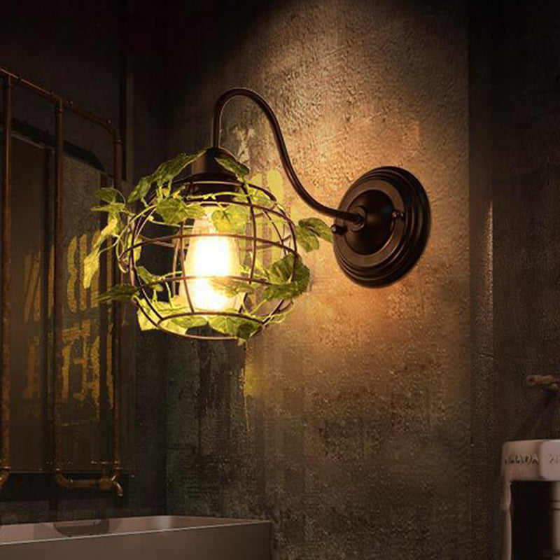 Avtoit | 1 Light Wall Lighting Fixture Industrial Diamond / Globe / Square Metal LED Wall Lamp Sconces in Black with Plants