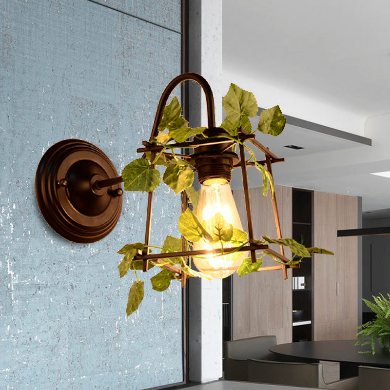 Avtoit | 1 Light Wall Lighting Fixture Industrial Diamond / Globe / Square Metal LED Wall Lamp Sconces in Black with Plants