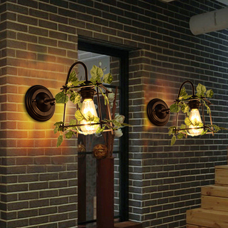 Avtoit | 1 Light Wall Lighting Fixture Industrial Diamond / Globe / Square Metal LED Wall Lamp Sconces in Black with Plants