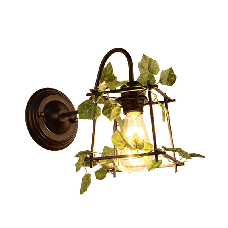 Avtoit | 1 Light Wall Lighting Fixture Industrial Diamond / Globe / Square Metal LED Wall Lamp Sconces in Black with Plants