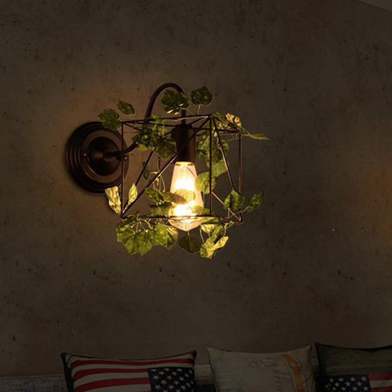 Avtoit | 1 Light Wall Lighting Fixture Industrial Diamond / Globe / Square Metal LED Wall Lamp Sconces in Black with Plants