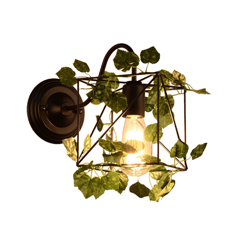 Avtoit | 1 Light Wall Lighting Fixture Industrial Diamond / Globe / Square Metal LED Wall Lamp Sconces in Black with Plants