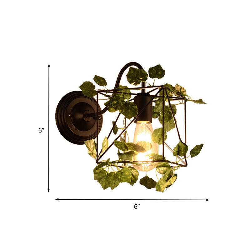 Avtoit | 1 Light Wall Lighting Fixture Industrial Diamond / Globe / Square Metal LED Wall Lamp Sconces in Black with Plants