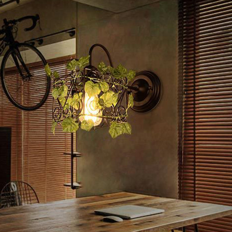 Avtoit | 1 Light Wall Lighting Fixture Industrial Diamond / Globe / Square Metal LED Wall Lamp Sconces in Black with Plants