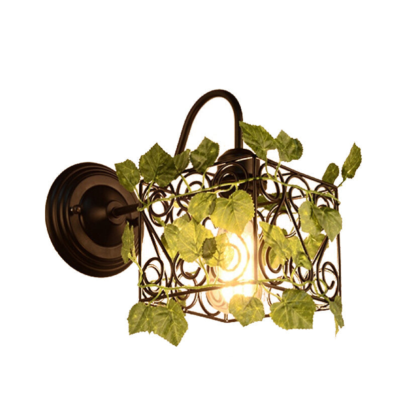 Avtoit | 1 Light Wall Lighting Fixture Industrial Diamond / Globe / Square Metal LED Wall Lamp Sconces in Black with Plants