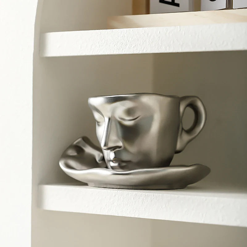 Avtoit | Metal Touching Face Creative Ceramic Kiss Coffee Cup, Artistic Vibe Mug & Saucer Set