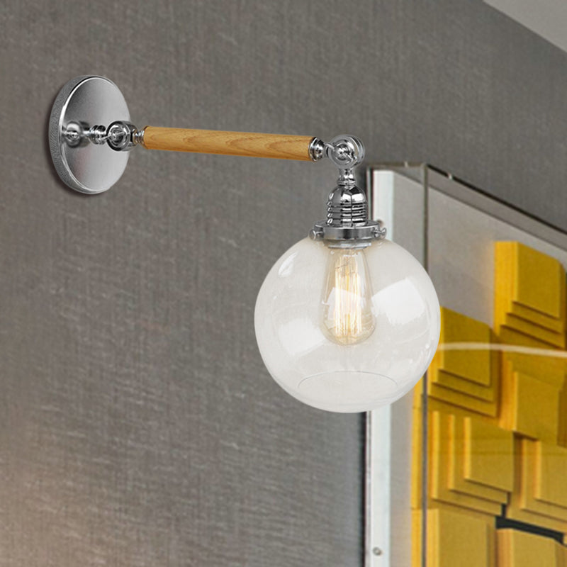Avtoit | Vintage Orb Wall Light Fixture 1 Lamp Clear Glass Wall Lamp in Chrome for Bathroom, 8"/4"/6" Wide Wooden Arm