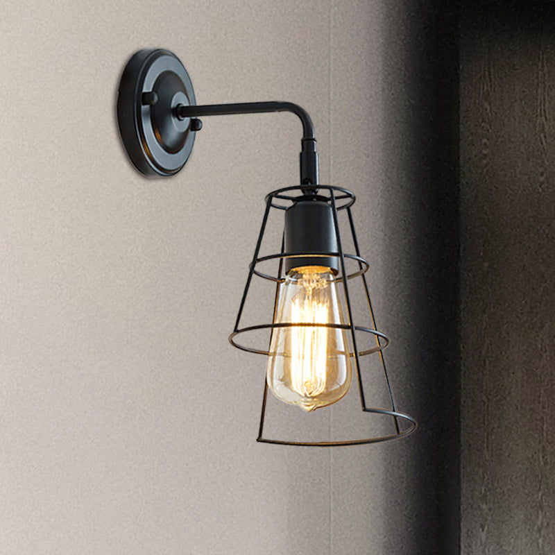 Avtoit | Vintage Style Conic Cage Wall Lamp with Curved Arm 1 Light Metal Wall Lamp in Black/White