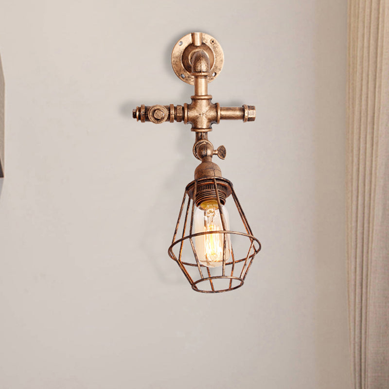 Avtoit | Diamond Cage Iron Wall Mount Light with Pipe Design Industrial Style 1 Bulb Bedroom Wall Lighting in Antique Brass/Silver