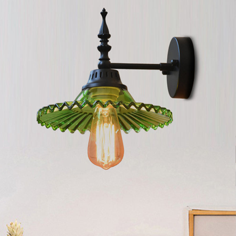 Avtoit | Clear/Green Glass Black Wall Light Cone/Wide Flare 1-Light Industrial Wall Lamp for Living Room