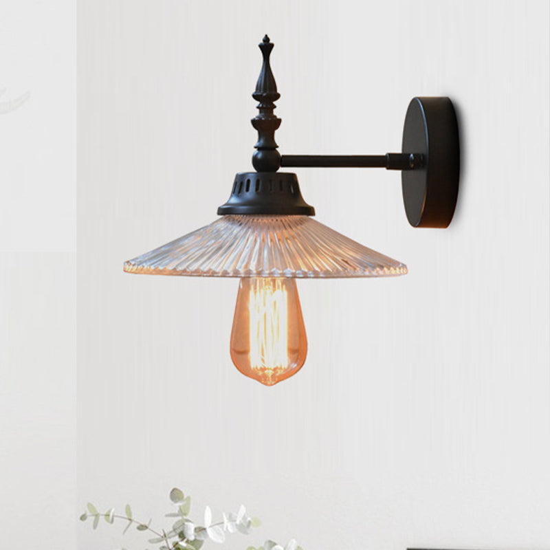 Avtoit | Clear/Green Glass Black Wall Light Cone/Wide Flare 1-Light Industrial Wall Lamp for Living Room