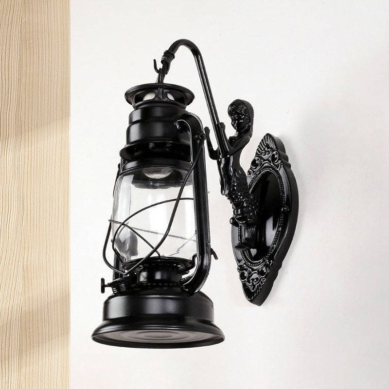 Avtoit | One Bulb Wall Lamp with Lantern Shade Clear Glass Coast Bedroom Wall Lamp in Black/Antique Brass/Aged Copper with Mermaid