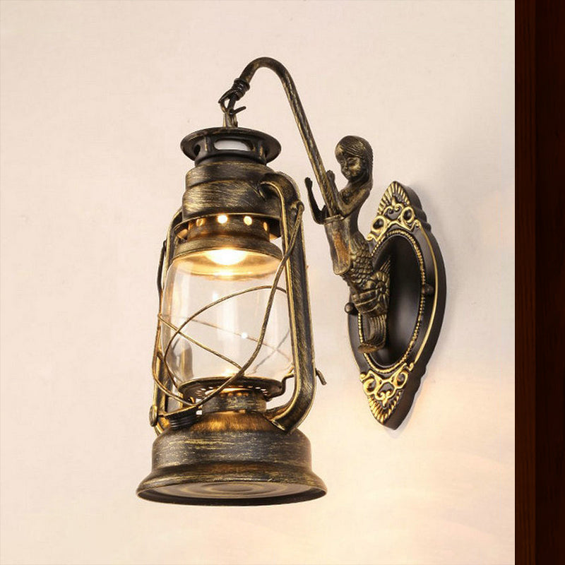 Avtoit | One Bulb Wall Lamp with Lantern Shade Clear Glass Coast Bedroom Wall Lamp in Black/Antique Brass/Aged Copper with Mermaid