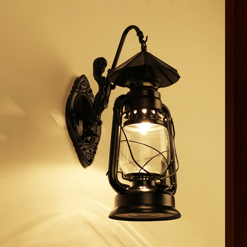 Avtoit | Kerosene Clear Glass Wall Lamp Coast Single Bulb Living Room Sconces Lamp in Black/Antique Brass
