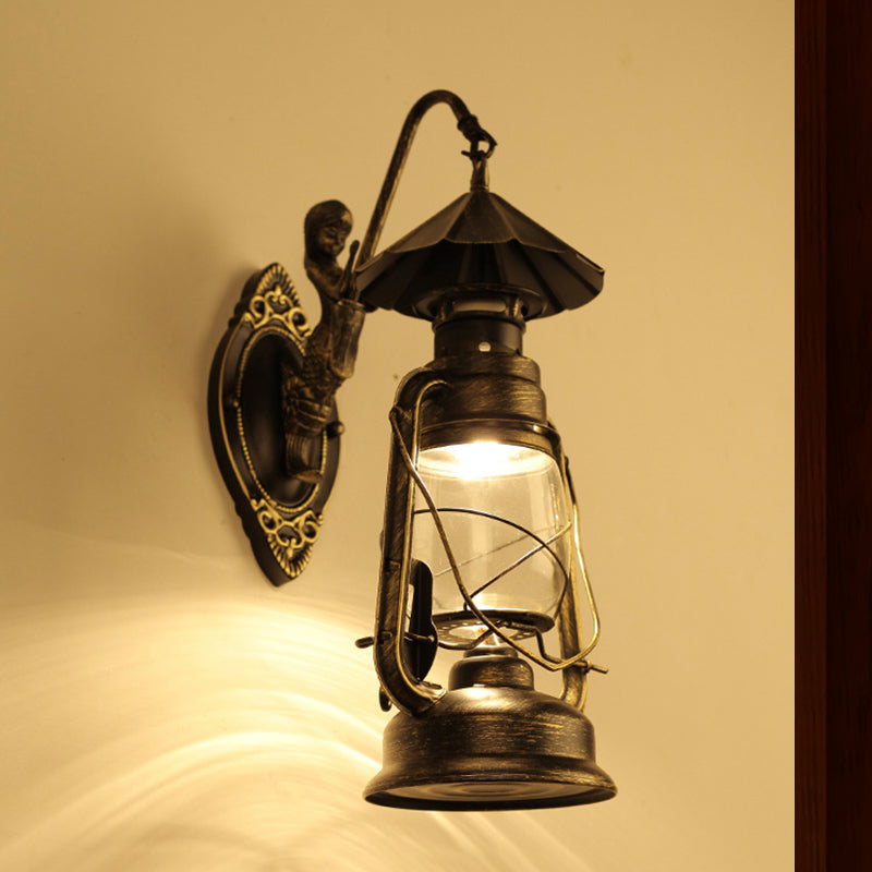 Avtoit | Kerosene Clear Glass Wall Lamp Coast Single Bulb Living Room Sconces Lamp in Black/Antique Brass
