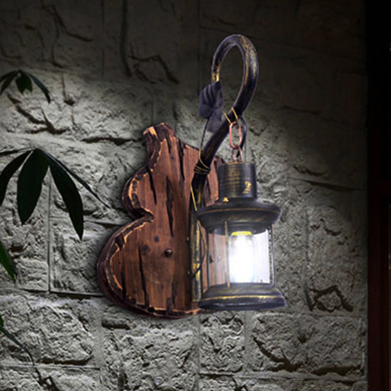 Avtoit | Coastal Lantern Wall Lighting Fixture 1 Lamp Clear Glass Wall Light in Antique Brass with Gourd Back Plate