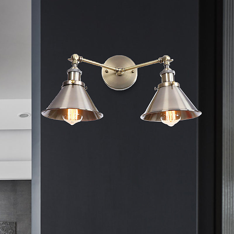 Avtoit | Tapered Umbrella Iron Wall Mount Light Industrial Vintage 2 Heads Farmhouse Wall Mount Light in Black/Brass