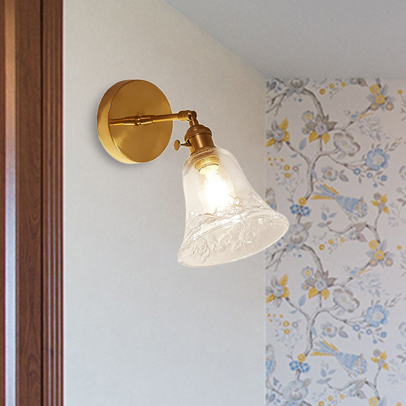Avtoit | 1 Light Clear Glass Wall Scone Light Rustic Brass Bell Bedroom Lighting Fixture with Flower