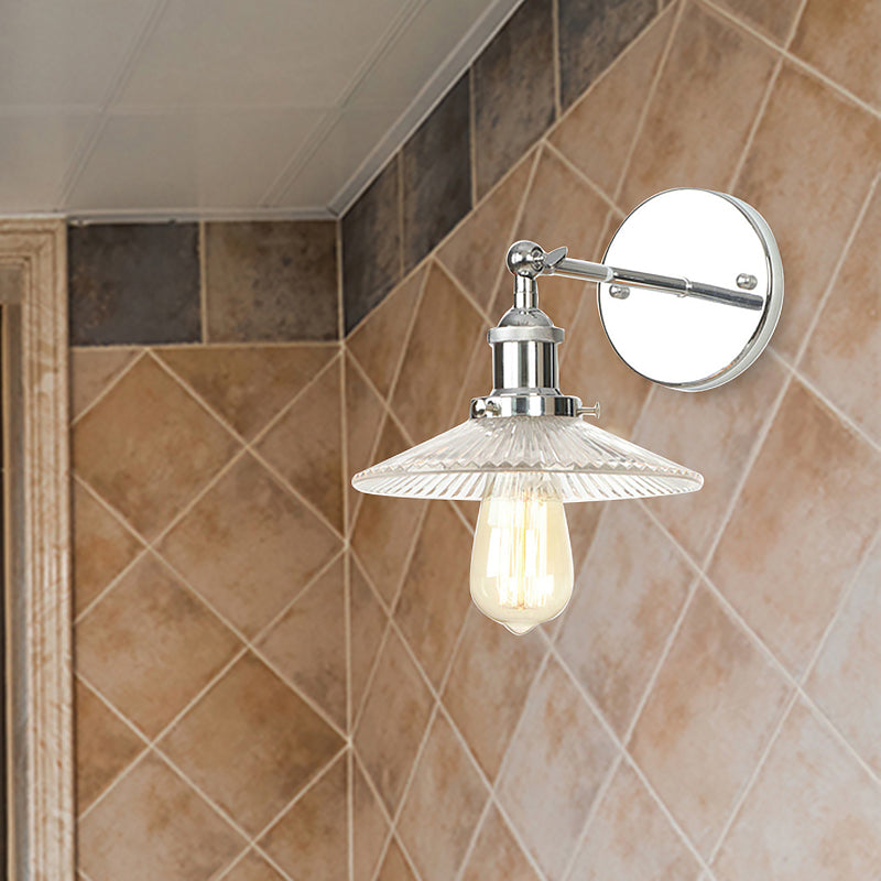 Avtoit | Cone-shaped clear prismatic glass wall lamp industrial single bulb bathroom sconce light in chrome