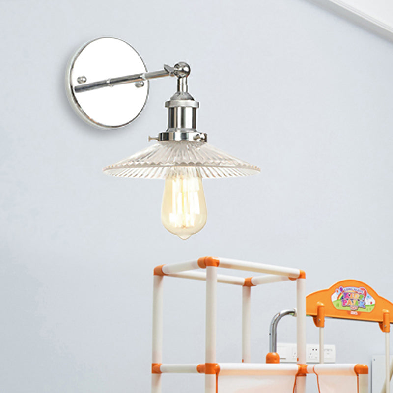 Avtoit | Cone-shaped clear prismatic glass wall lamp industrial single bulb bathroom sconce light in chrome