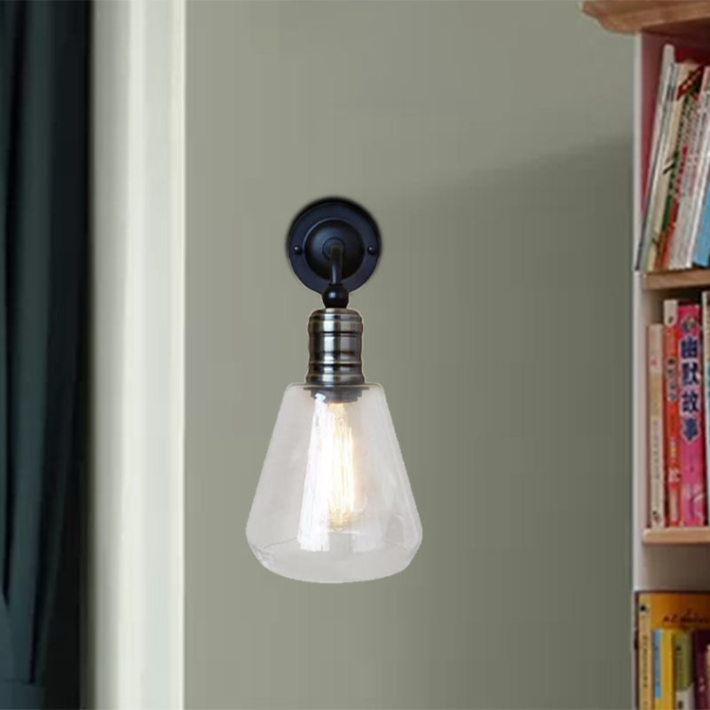 Avtoit | Rustic Style Tapered Shade Wall Lighting Fixture Single Gloss Clear Glass Wall Lamp in Black for Kitchen