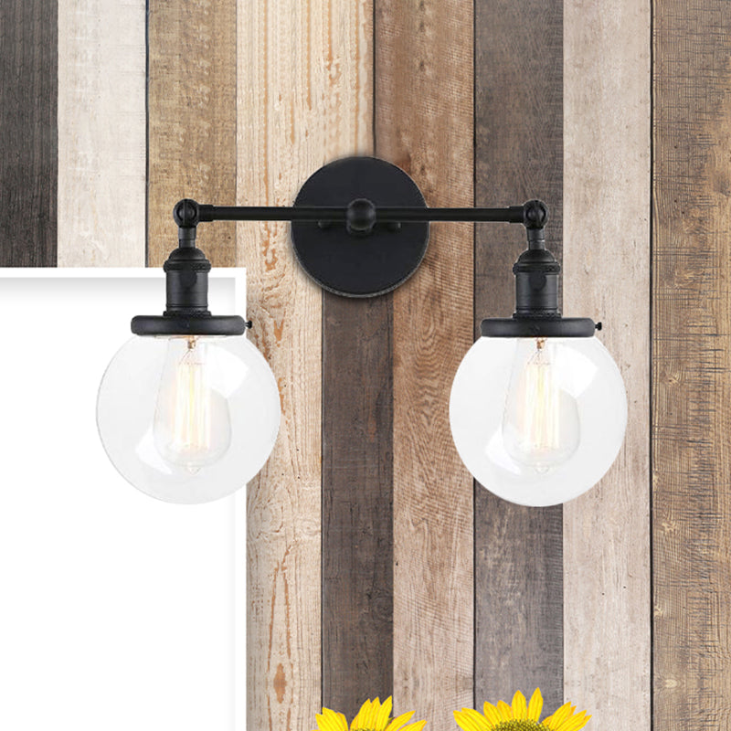 Avtoit | Round Living Room Wall Light Industrial Clear Glass 2-Lamp Black/Brass Wall Lamp for the Office
