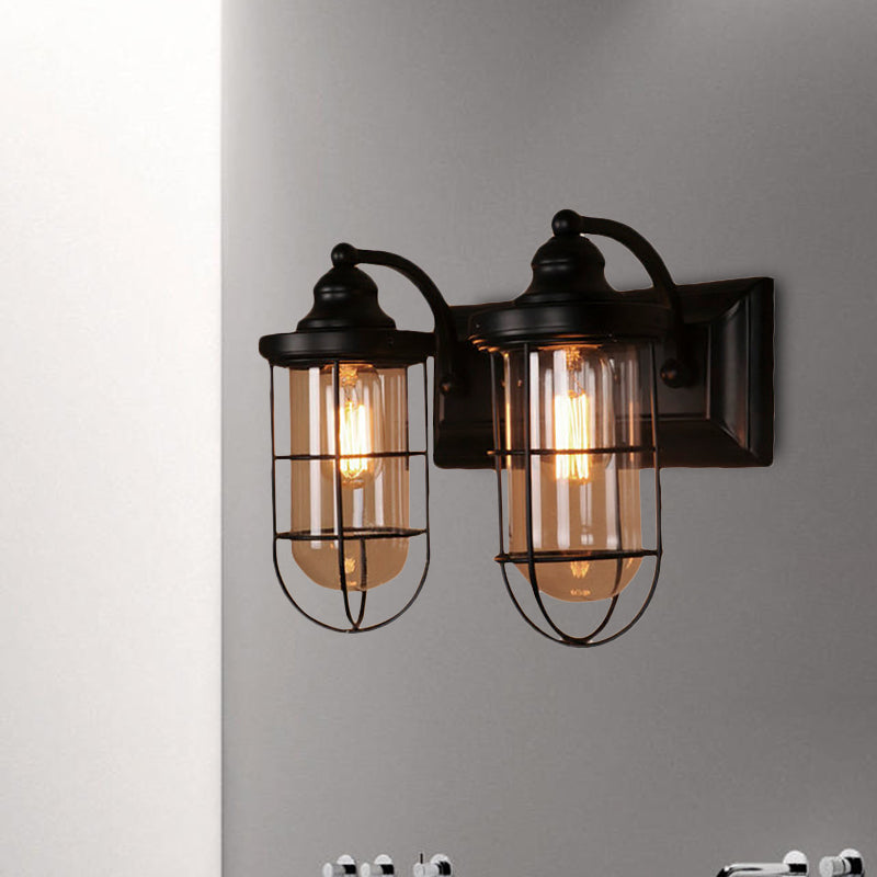 Avtoit | Industrial wire cage wall lighting 1/2-lamp clear glass wall lamp in black for stairs.