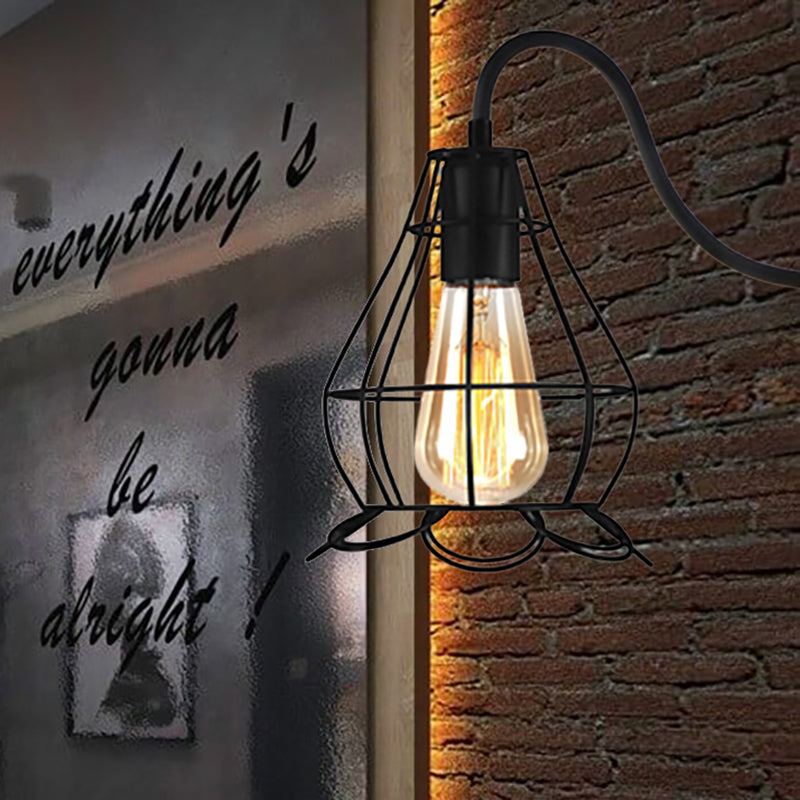 Avtoit | Black 1 Head Wall Lamp Vintage Industrial Metal Bottle/Rectangular Wall Light Wall Lamp with Wire Frame for Café