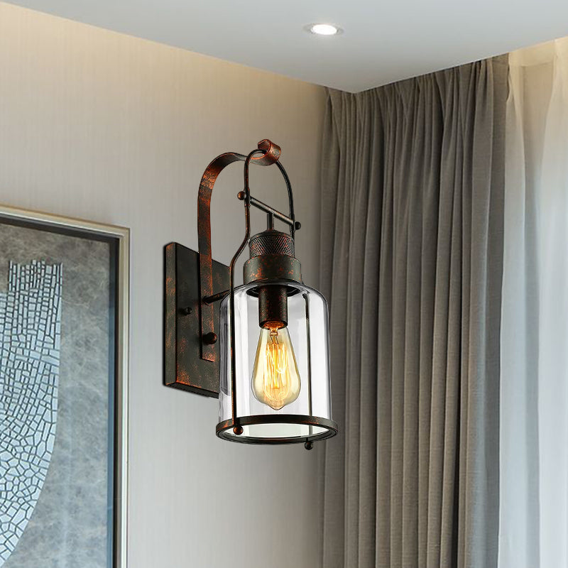 Avtoit | Cylinder clear glass wall-mounted lamp industrial single bulb living room wall sconce in black/white/rust with cage