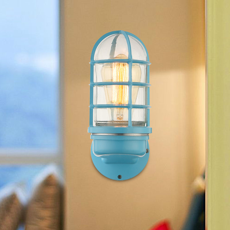 Avtoit | Cylinder Clear Glass Wall Mounted Lamp Industrial Single Bulb Living Room Wall Light in Pink/Blue/Green with Cage