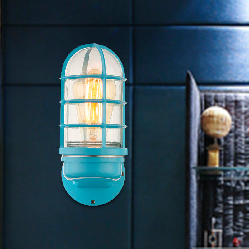 Avtoit | Cylinder Clear Glass Wall Mounted Lamp Industrial Single Bulb Living Room Wall Light in Pink/Blue/Green with Cage