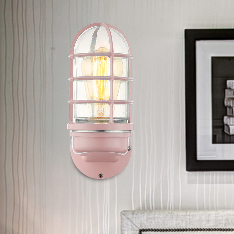 Avtoit | Cylinder Clear Glass Wall Mounted Lamp Industrial Single Bulb Living Room Wall Light in Pink/Blue/Green with Cage