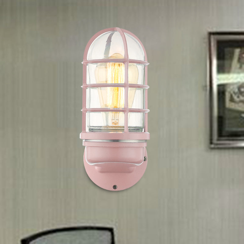 Avtoit | Cylinder Clear Glass Wall Mounted Lamp Industrial Single Bulb Living Room Wall Light in Pink/Blue/Green with Cage