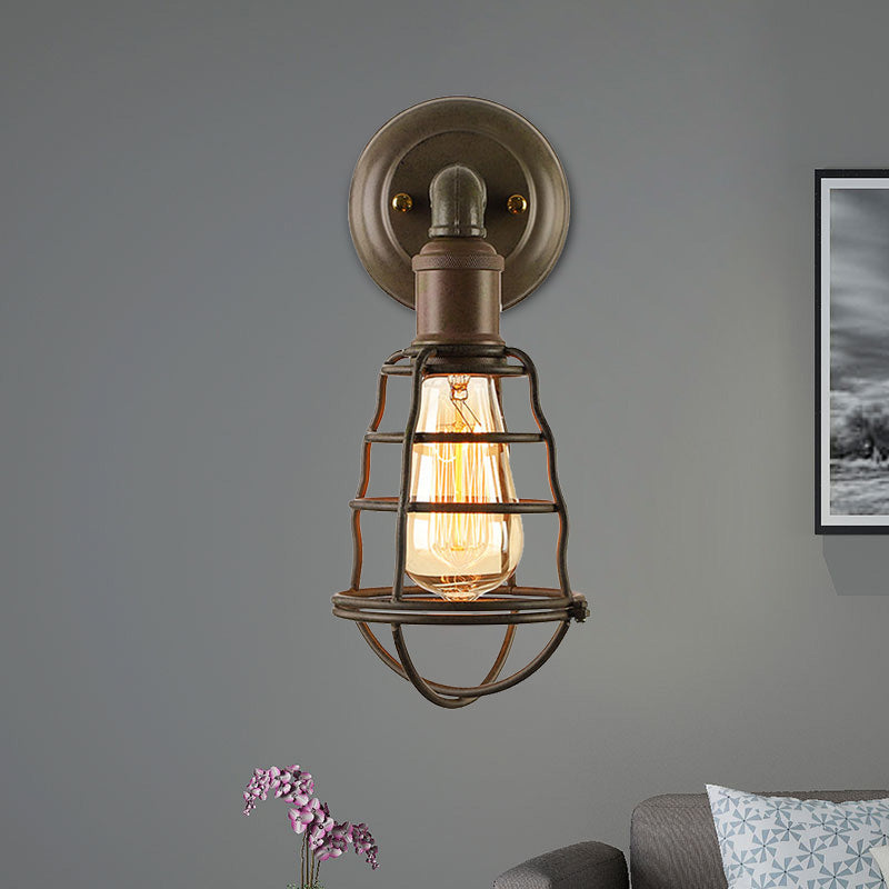 Avtoit | Rust Finish Mini Wall Lamp with Cage Shade Antique Style Iron 1 Light Farmhouse Wall Mount Lighting