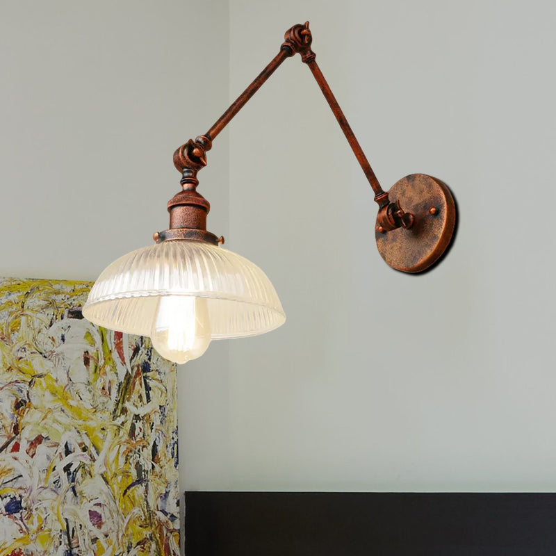 Avtoit | 1 Light Ribbed Glass Wall Lamp Light Industrial Antique Brass/Black/Rust Dome Living Room Lighting Fixture with Swing Arm