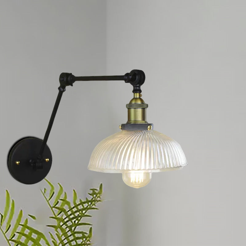 Avtoit | 1 Light Ribbed Glass Wall Lamp Light Industrial Antique Brass/Black/Rust Dome Living Room Lighting Fixture with Swing Arm