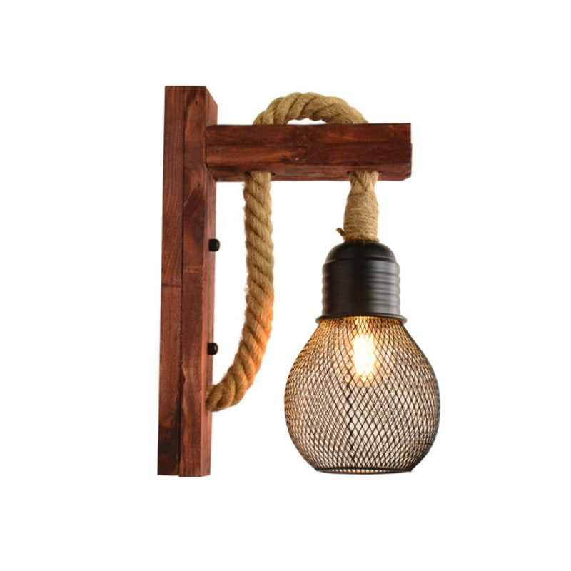 Avtoit | Rope Exposed Bulb Sconce Lighting Coastal 1 Light Living Room Wall Lamp in Red/Brown/Wood