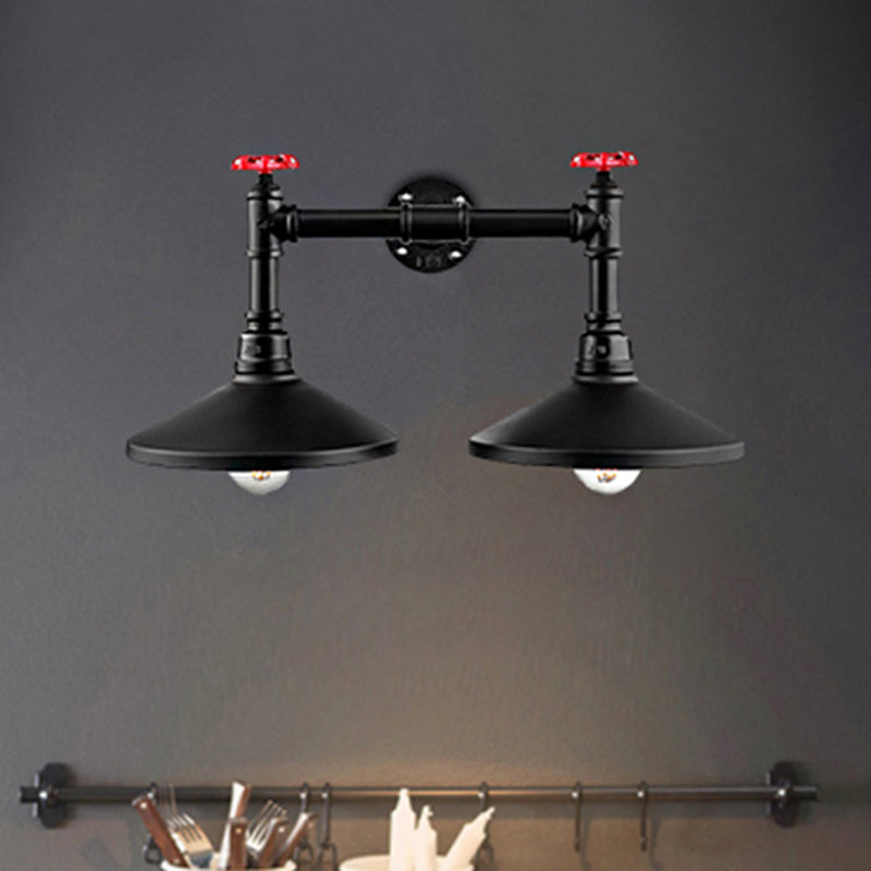 Avtoit | Industrial Cone Wall Lamp with Raw Valve 2 Heads Metal Wall Light in Black for Hallway