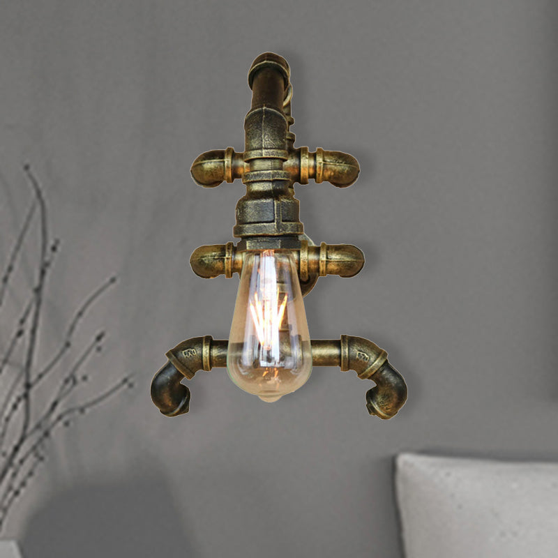 Avtoit | Expose Bulb Bathroom Wall Lighting Steampunk Iron 1 Light Antique Brass Wall Lamp with Curved Pipe