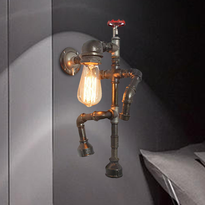 Avtoit | Bronze Finish Robot Sconce Light with Expose Bulb and Red Valve Vintage Metallic 1 Head Corridor Wall Lighting
