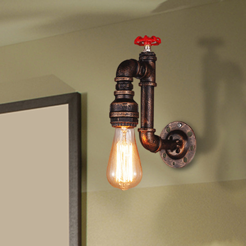 Avtoit | Rustic Style Pipe Wall Sconce with Valve Wheel 1 Bulb Wrought Iron Wall Mounted Light in Bronze