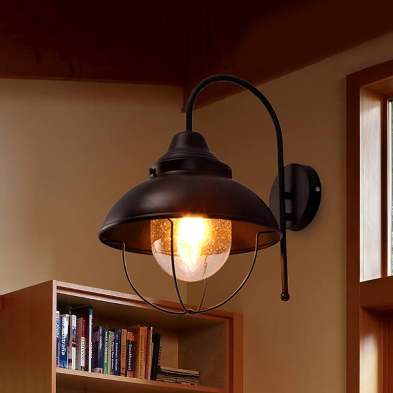 Avtoit | Farmhouse Dome Wall Lamp 1 Light Metal Wall Lighting with Cage and Sawed Glass Shade in Black