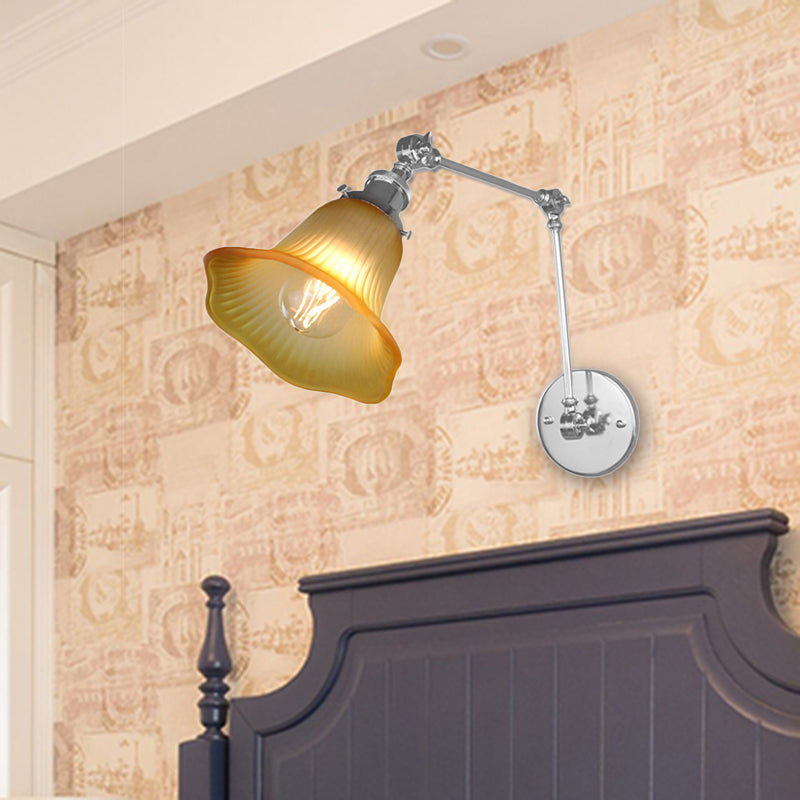 Avtoit | 1 Light Flare Wall Light Fixture Industrial Design Chrome Amber Textured Glass Wall Lamp for Bedroom