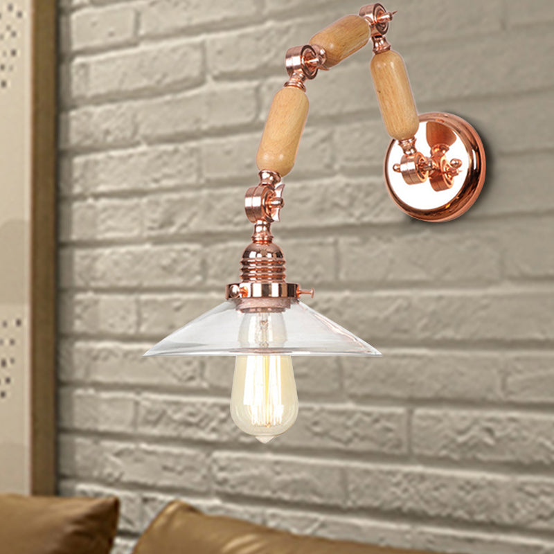 Avtoit | Cone-shaped Clear Glass Wall Lamp Vintage Single Bulb Living Room Sconces Light in Rose Gold with Arm