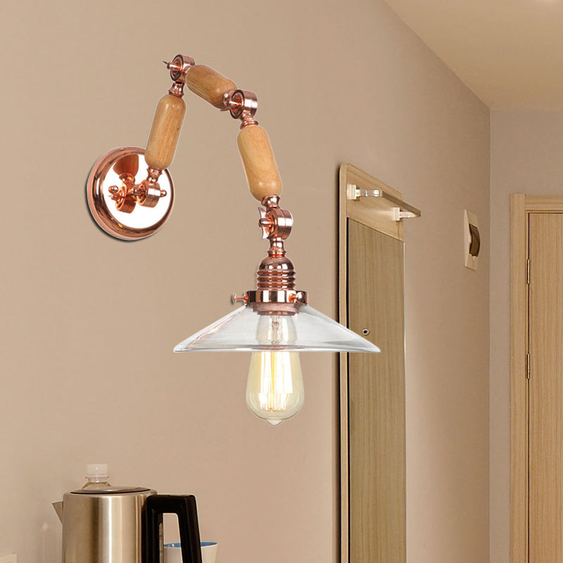 Avtoit | Cone-shaped Clear Glass Wall Lamp Vintage Single Bulb Living Room Sconces Light in Rose Gold with Arm