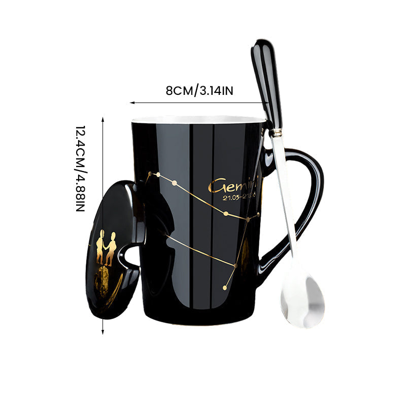 Avtoit | 12 Zodiac Signs Black Ceramic Mug with Lid Spoon