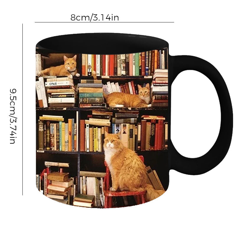 Ceramic Coffee Mug with Cat and Bookshelf Design