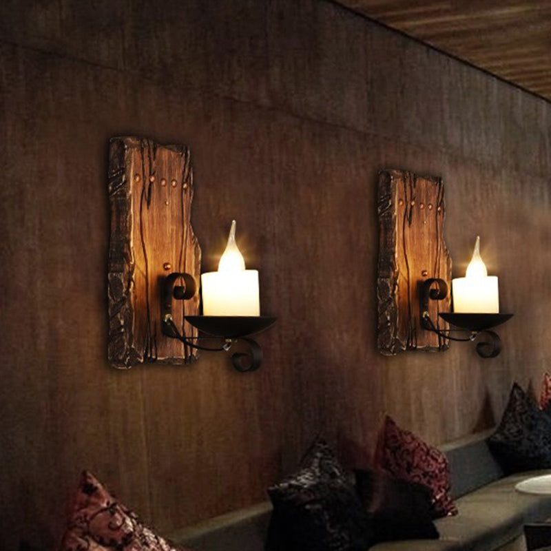 Avtoit | Cylinder Coffee Shop Wall Light Fixture Artificial Marble 1 Light Brown Wall Lamp with Wood Semi-Cap/Base/Rectangle Base
