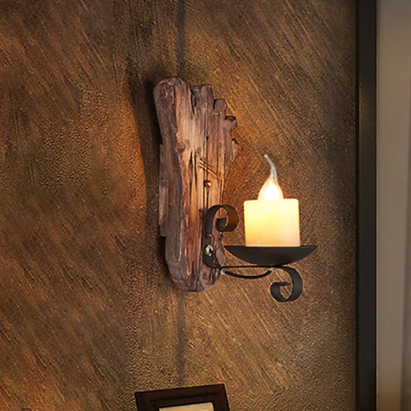 Avtoit | Cylinder Coffee Shop Wall Light Fixture Artificial Marble 1 Light Brown Wall Lamp with Wood Semi-Cap/Base/Rectangle Base